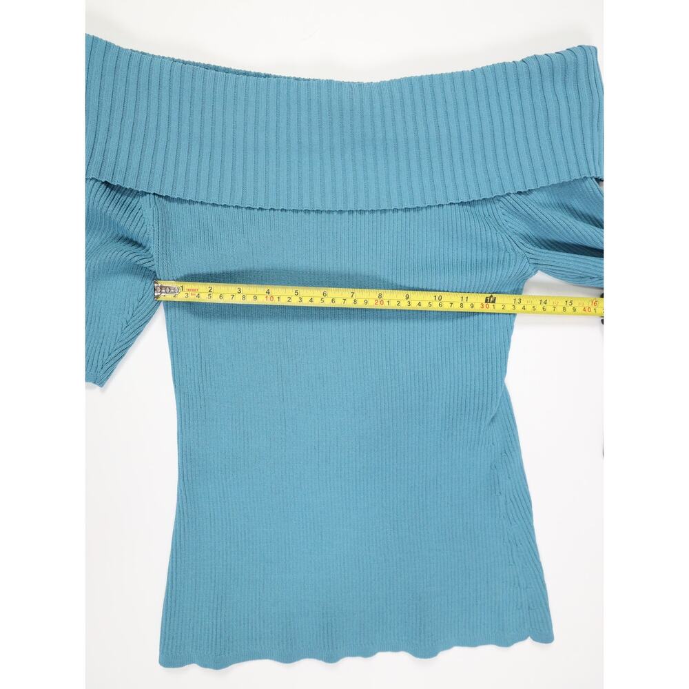 Romantic Feminine New York & Co Teal Off Shoulder Ribbed Sweater Night Out M NWT - Picture 12 of 15